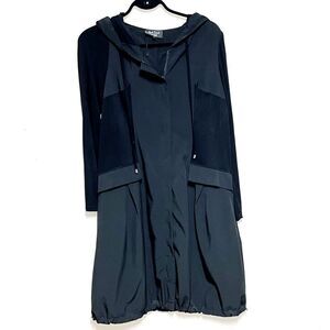 Red Coral Long Black Hooded Lightweight Zip Front Trench Coat Womens Sz S 12/14